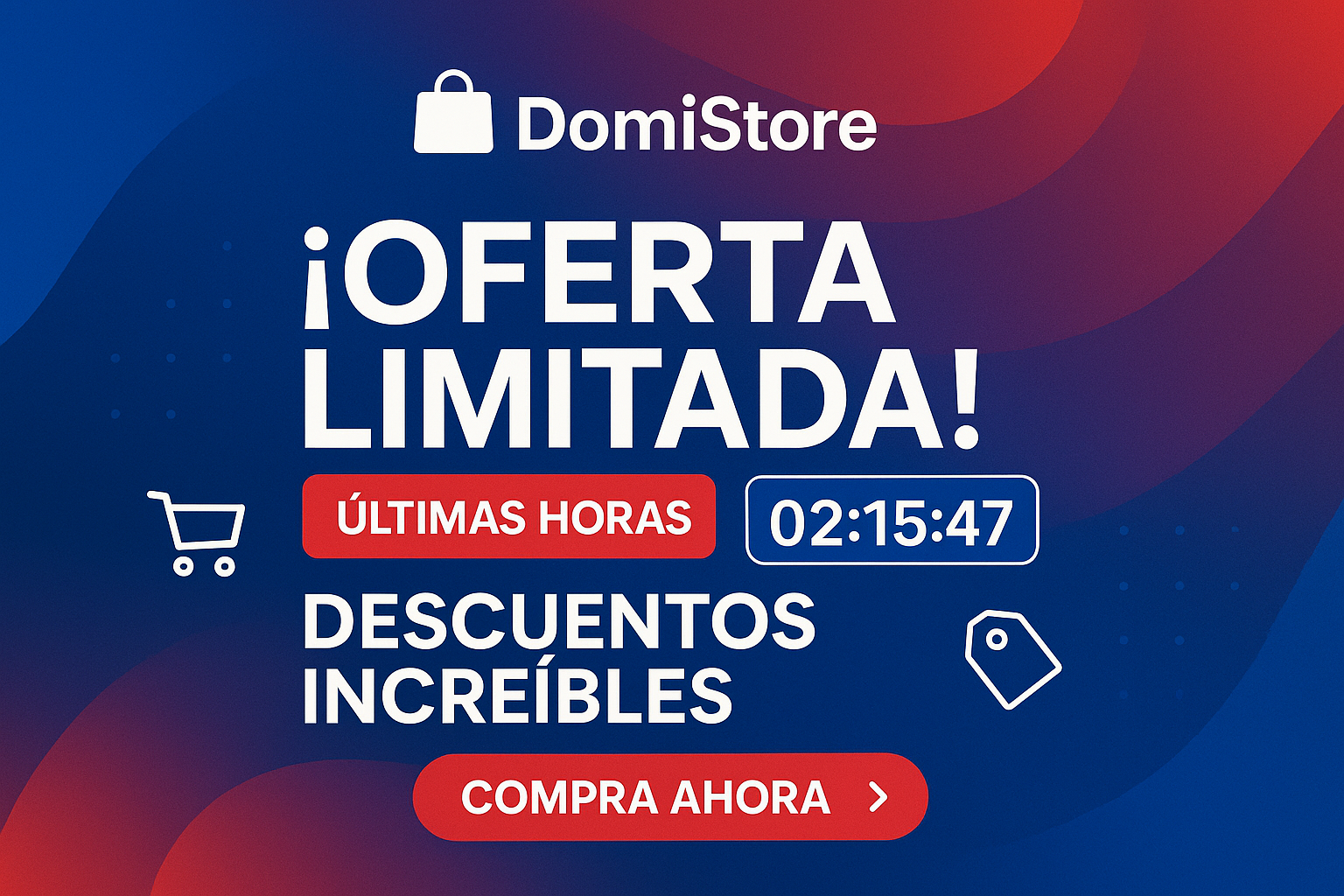 DomiStore moderna llamativa que espire a comprar y cree urgencia entre los visitantes colores azul y rojo y toda su letras en español